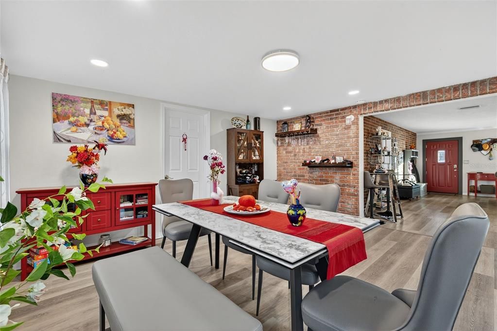 Dining room, Interior, Recessed Lighting, Stone Walls, Wood Texture Flooring