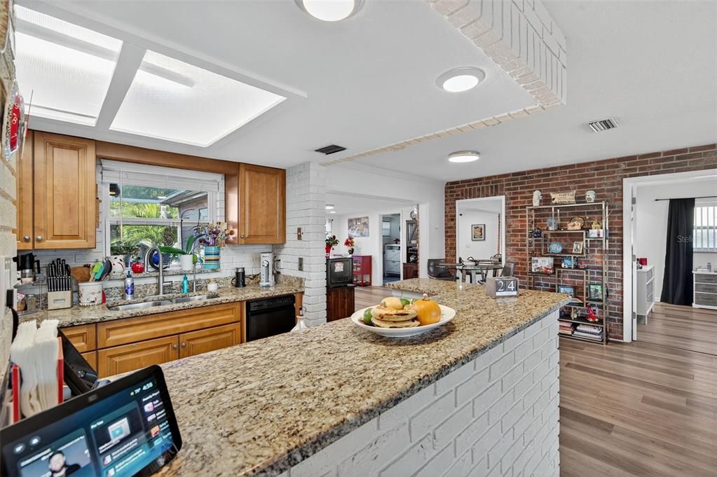 Interior, Kitchen, Recessed Lighting, Stone Walls, Wood Texture Flooring