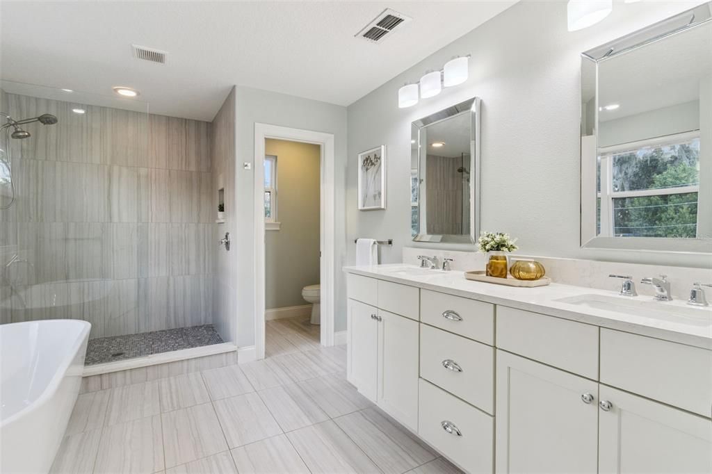 Bathroom, Dual Sink Vanities, Glass Shower, Interior, Recessed Lighting