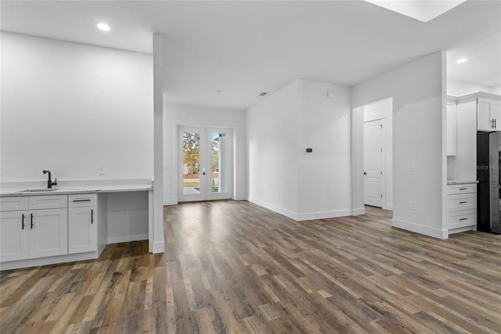 Empty room, Interior, Kitchen, Recessed Lighting, Wood Texture Flooring