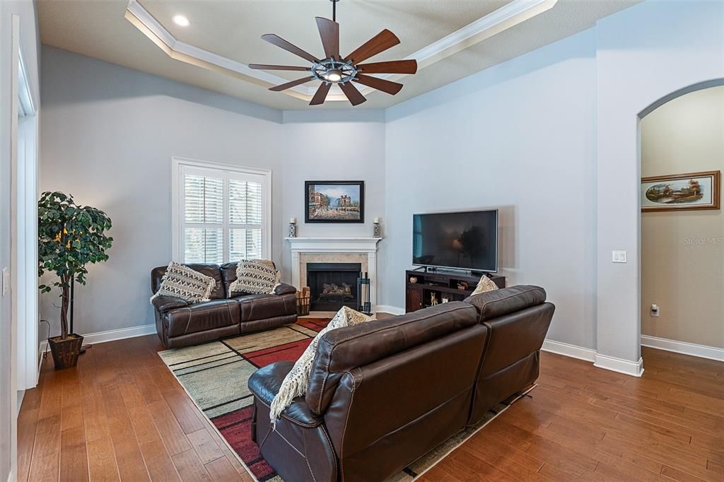 Fireplace, Interior, Living room, Recessed Lighting, Wood Texture Flooring