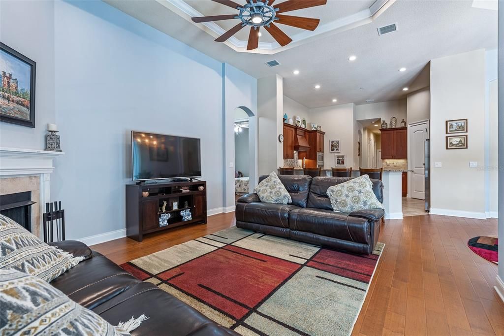 Fireplace, Interior, Kitchen, Living room, Recessed Lighting, Wood Texture Flooring