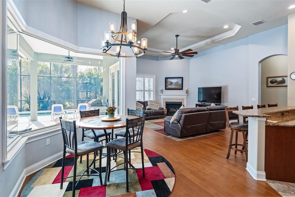 Chandelier, Dining room, Fireplace, Interior, Living room, Pendant Lights, Recessed Lighting, Wood Texture Flooring