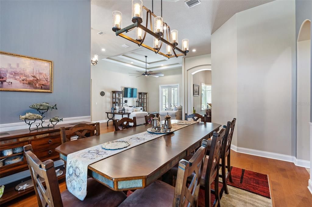 Chandelier, Dining room, Interior, Living room, Pendant Lights, Recessed Lighting, Wood Texture Flooring
