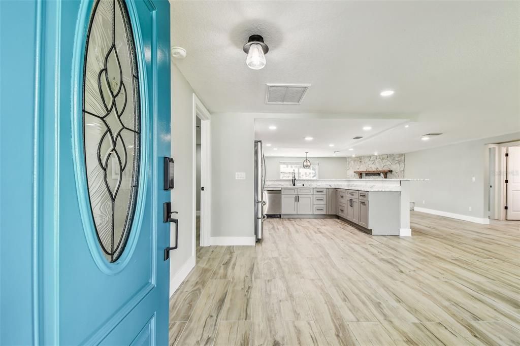 Interior, Kitchen, Marble Walls, Pendant Lights, Recessed Lighting, Wood Texture Flooring