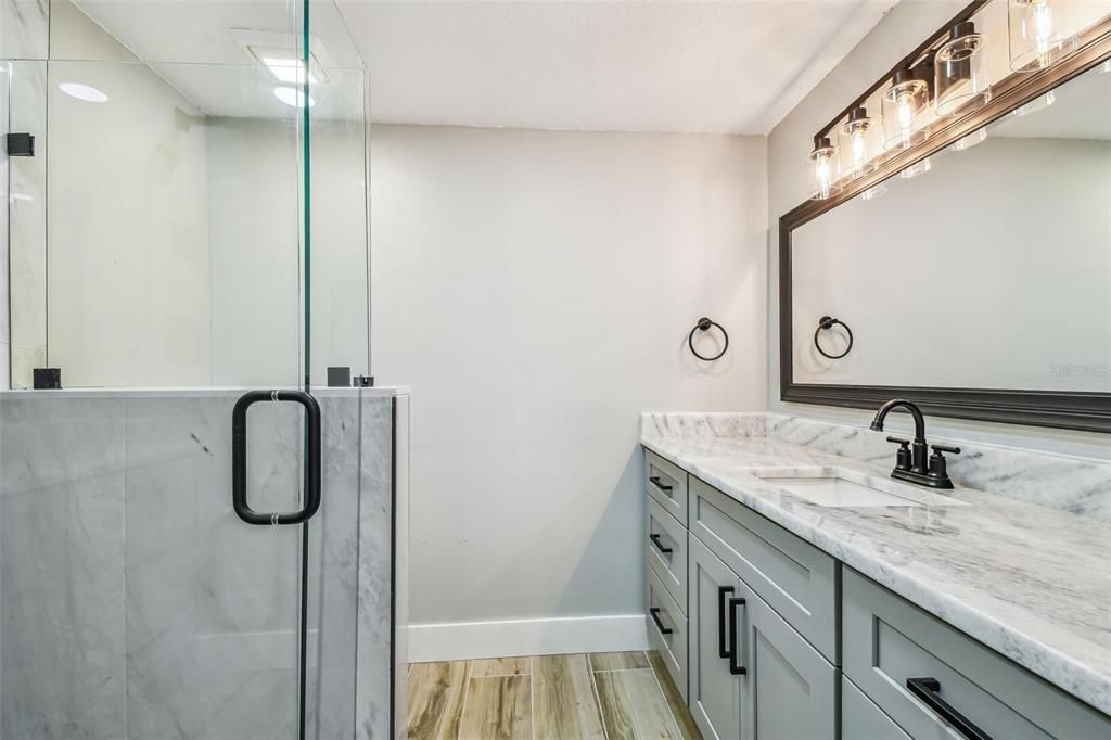 Bathroom, Glass Shower, Interior, Wood Texture Flooring