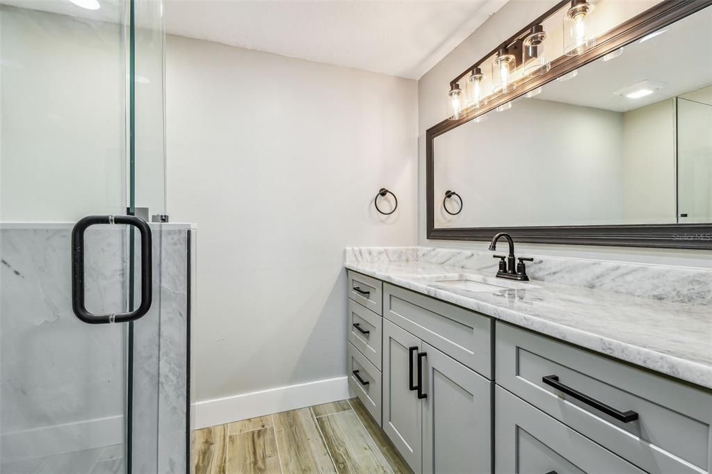 Bathroom, Glass Shower, Interior, Wood Texture Flooring