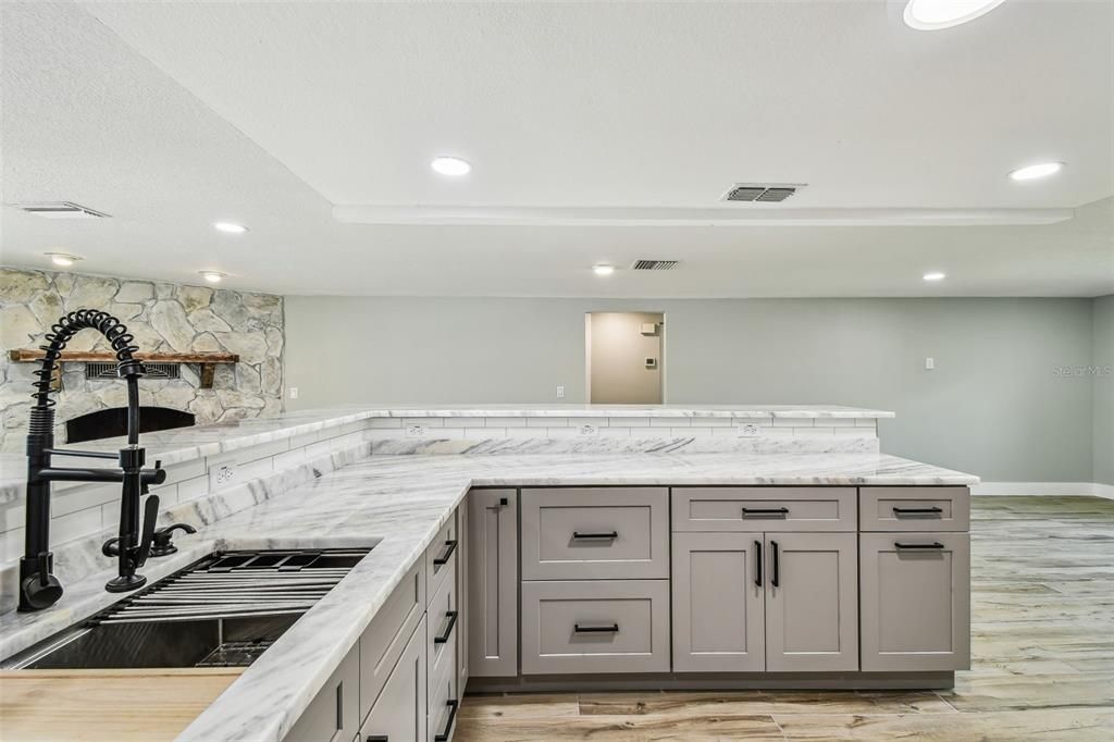 Interior, Kitchen, Recessed Lighting, Stone Walls, Wood Texture Flooring