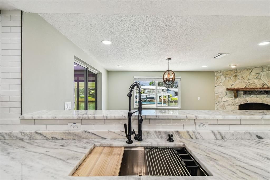 Fireplace, Interior, Pendant Lights, Recessed Lighting, Stone Walls