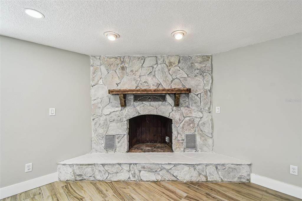 Fireplace, Interior, Recessed Lighting, Wood Texture Flooring