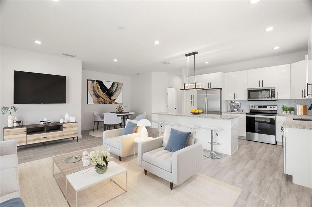 Dining room, Interior, Kitchen, Living room, Pendant Lights, Recessed Lighting, Stainless Steel Appliances, Wood Texture Flooring