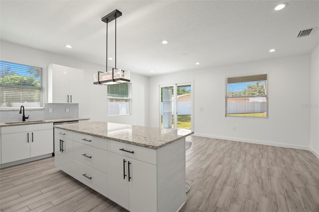 Interior, Kitchen, Pendant Lights, Recessed Lighting, Wood Texture Flooring