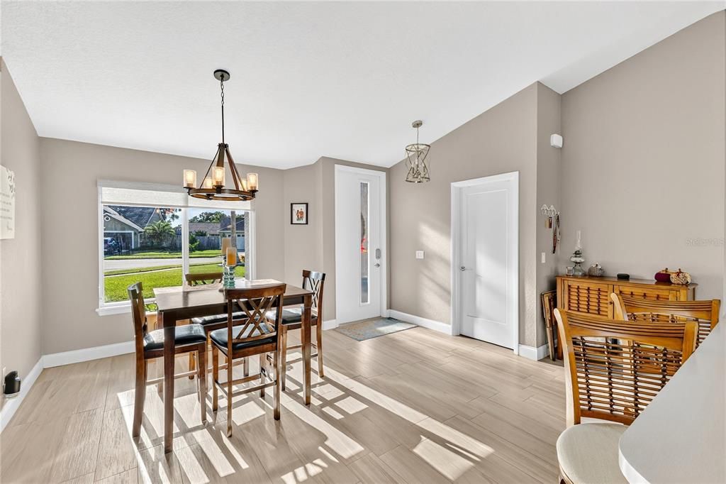 Dining room, Interior, Pendant Lights, Wood Texture Flooring