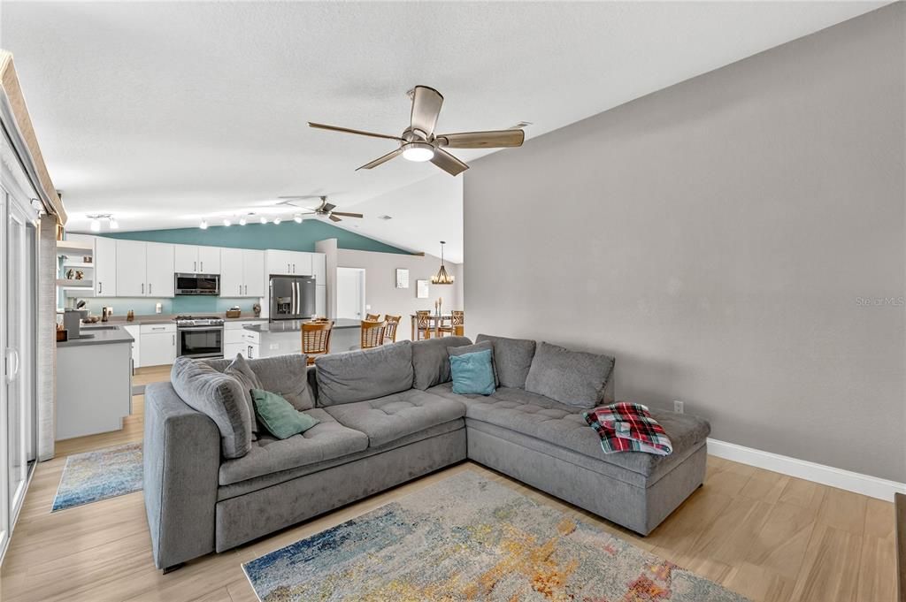 Dining room, Interior, Kitchen, Living room, Pendant Lights, Stainless Steel Appliances, Wood Texture Flooring