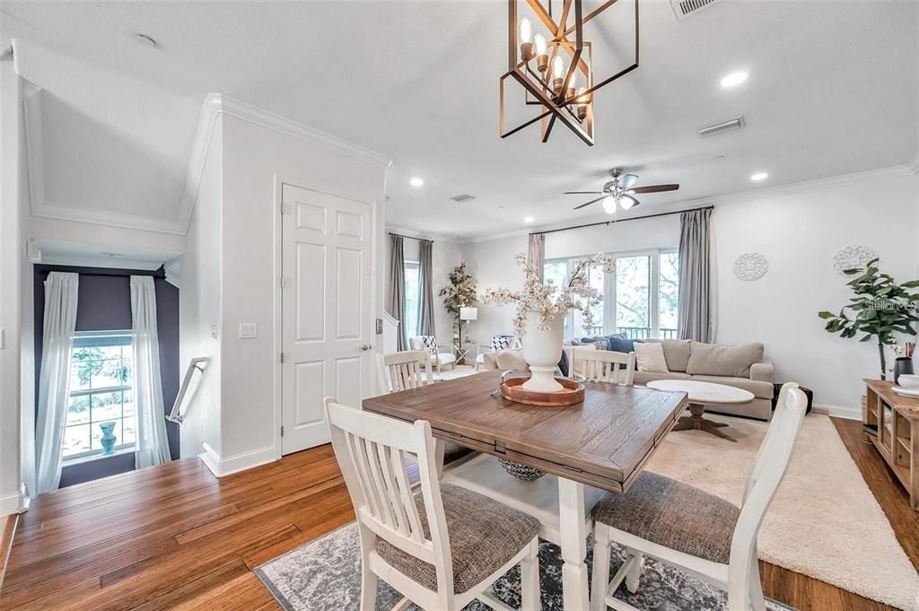 Dining room, Interior, Living room, Recessed Lighting, Wood Texture Flooring