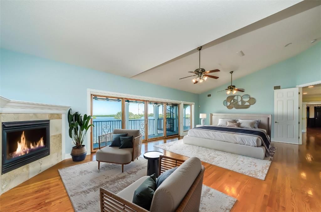 Bedroom, Fireplace, Interior, Living room, Water, Wood Texture Flooring