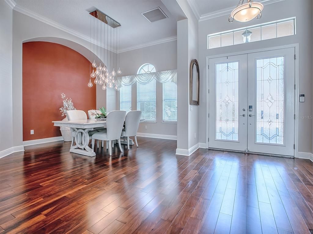 Chandelier, Dining room, Interior, Pendant Lights, Wood Texture Flooring