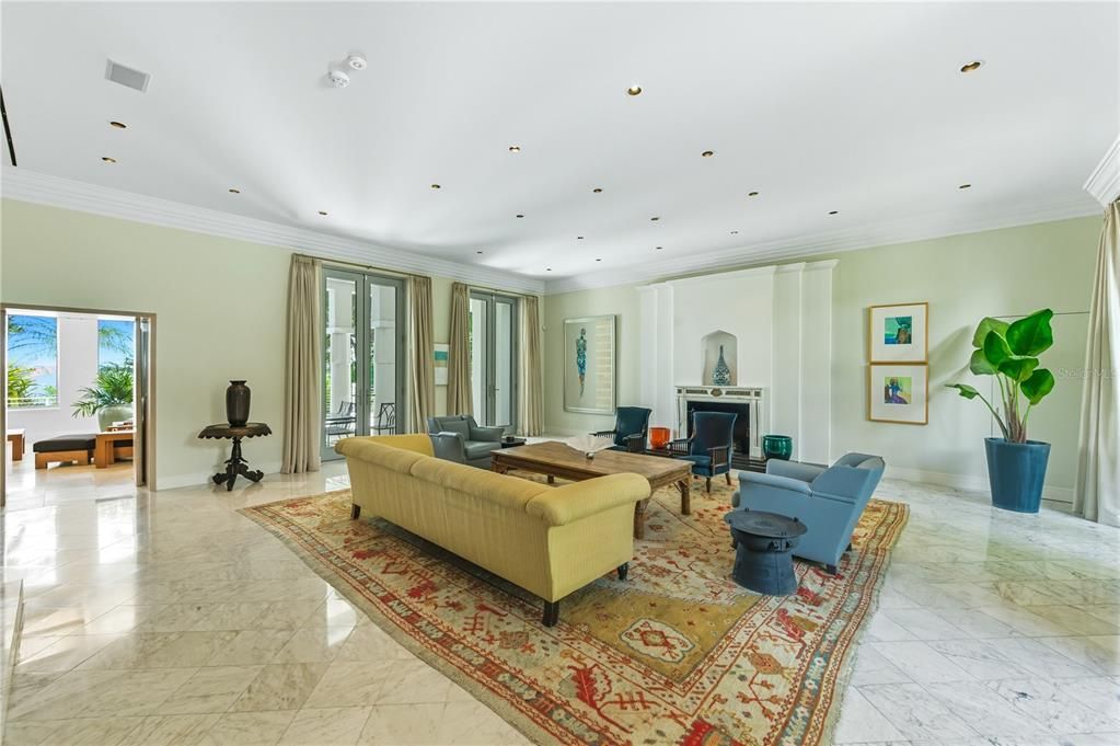 Fireplace, Interior, Living room, Marble, Recessed Lighting