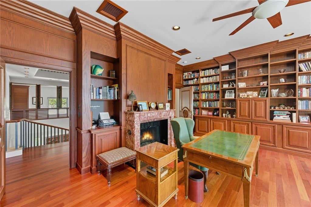 Fireplace, Home Office, Interior, Recessed Lighting, Wood Texture Flooring