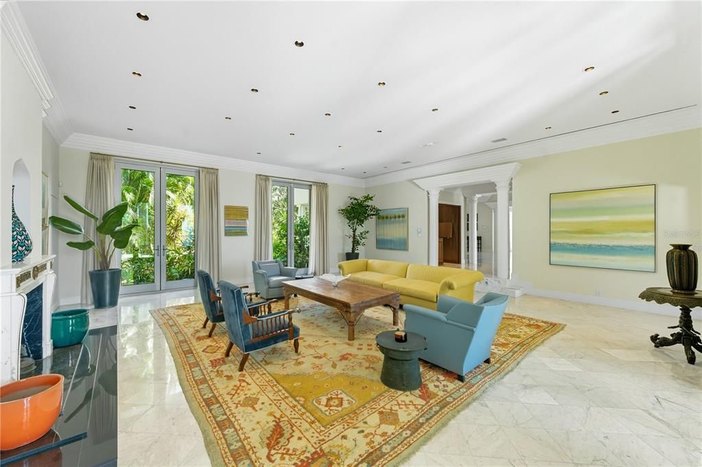 Fireplace, Interior, Living room, Marble, Recessed Lighting