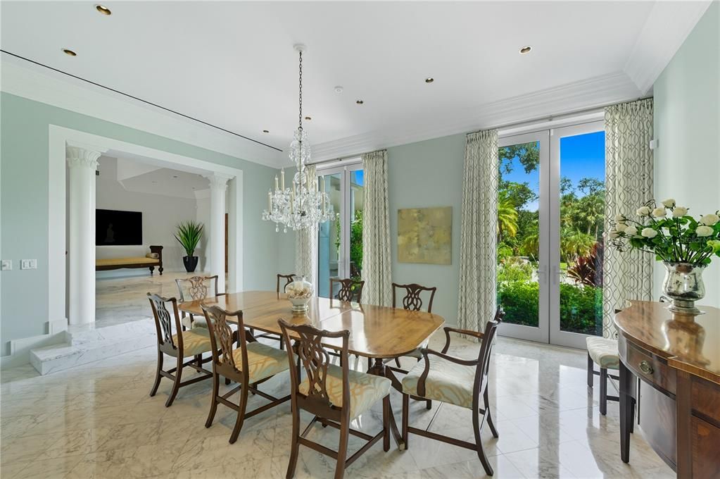 Chandelier, Dining room, Interior, Marble, Recessed Lighting
