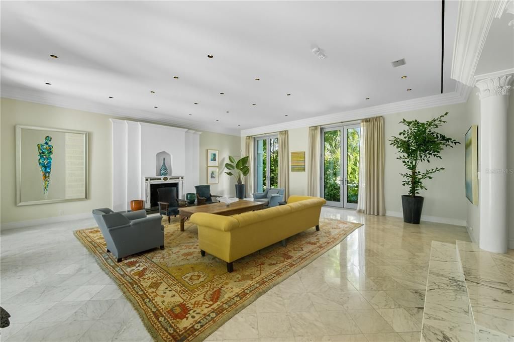 Fireplace, Interior, Living room, Marble, Recessed Lighting