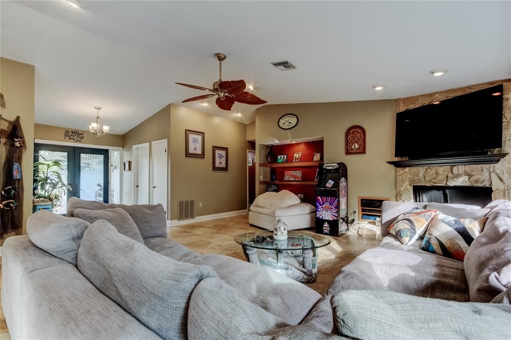 Chandelier, Fireplace, Interior, Living room, Recessed Lighting