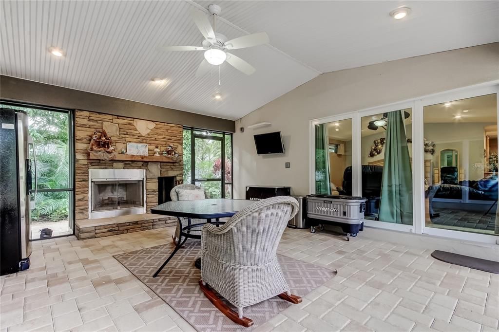 Fireplace, Interior, Recessed Lighting, Stone Walls