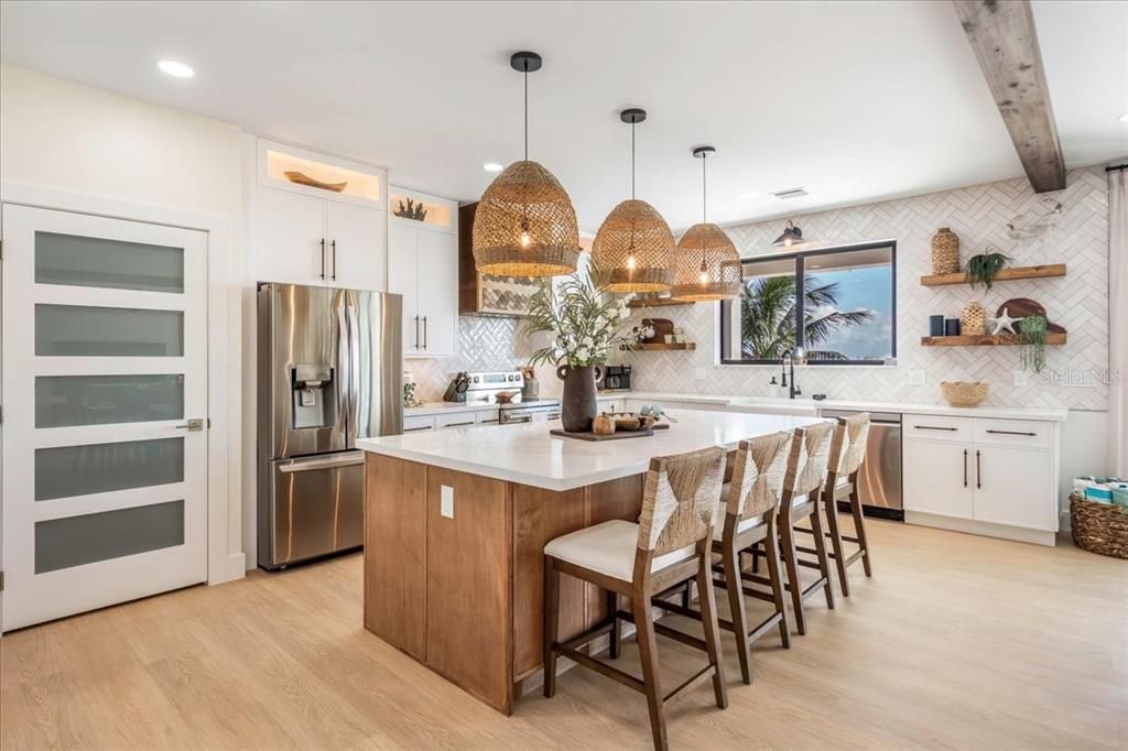 Interior, Kitchen, Pendant Lights, Recessed Lighting, Stainless Steel Appliances, Wooden Beams, Wood Texture Flooring