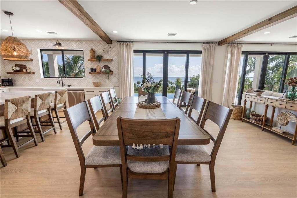Dining room, Interior, Pendant Lights, Recessed Lighting, Water, Wooden Beams, Wood Texture Flooring