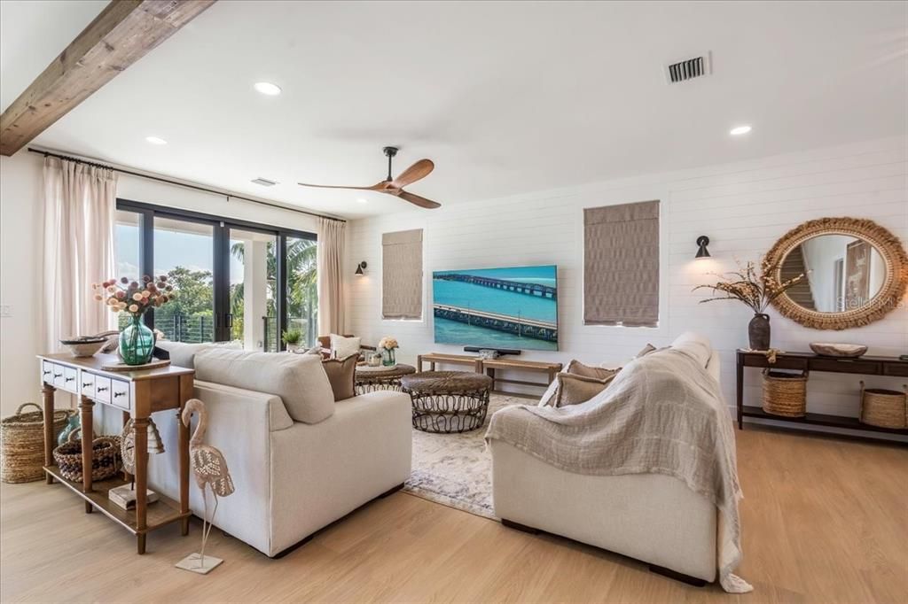 Interior, Living room, Recessed Lighting, Wooden Beams, Wood Texture Flooring