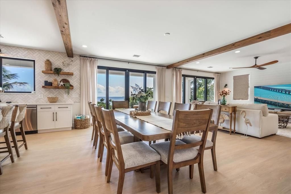 Dining room, Interior, Living room, Recessed Lighting, Water, Wooden Beams, Wood Texture Flooring