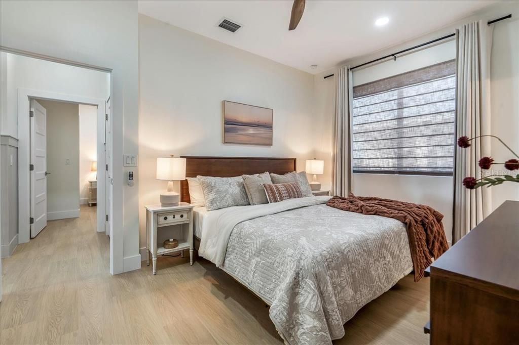 Bedroom, Interior, Recessed Lighting, Wood Texture Flooring