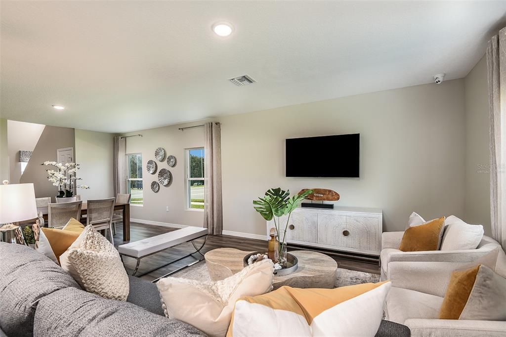 Dining room, Interior, Living room, Recessed Lighting, Wood Texture Flooring