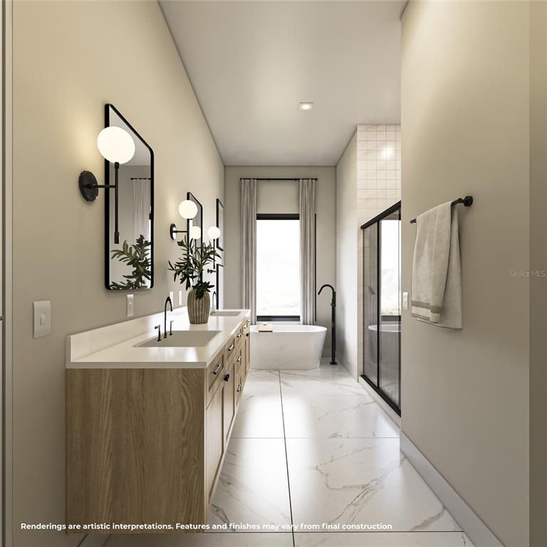 Bathroom, Dual Sink Vanities, Free Standing Baths, Interior, Marble, Recessed Lighting
