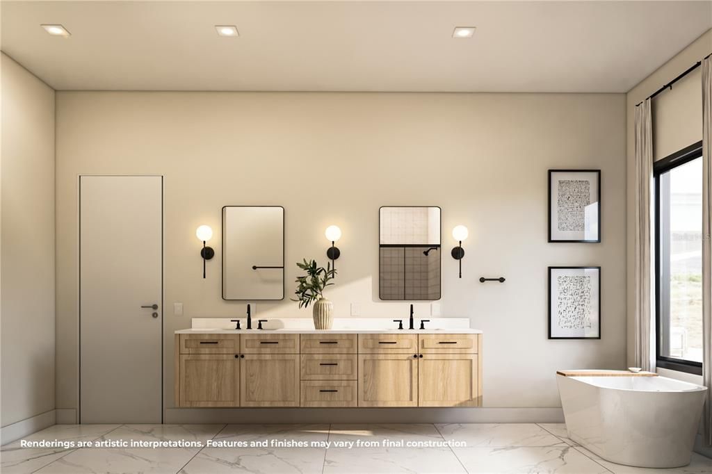 Bathroom, Dual Sink Vanities, Free Standing Baths, Interior, Marble, Recessed Lighting