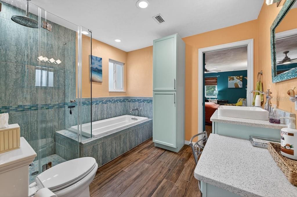 Bathroom, Glass Shower, Interior, Recessed Lighting, Wood Texture Flooring