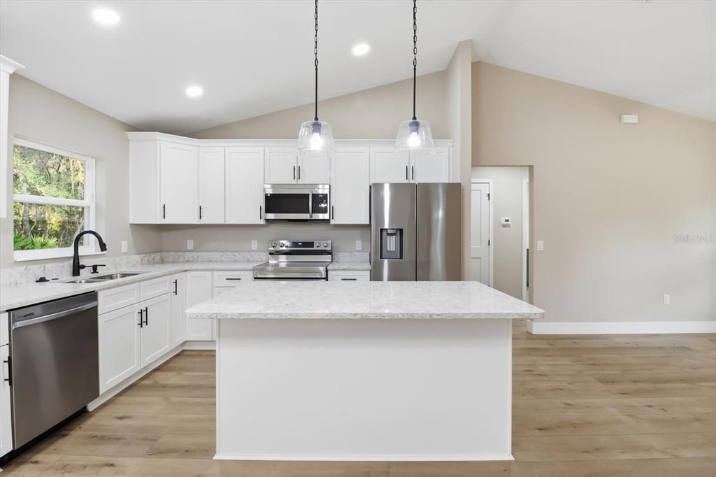 Interior, Kitchen, Pendant Lights, Recessed Lighting, Stainless Steel Appliances, Wood Texture Flooring