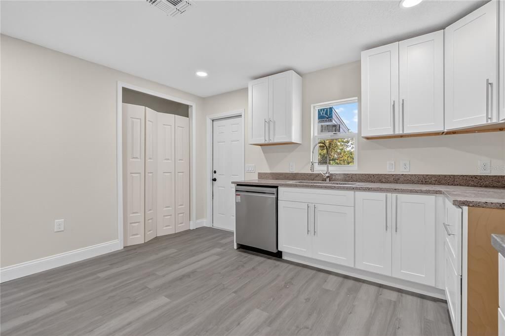 Interior, Kitchen, Recessed Lighting, Wood Texture Flooring