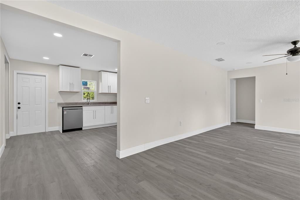 Empty room, Interior, Kitchen, Recessed Lighting, Wood Texture Flooring