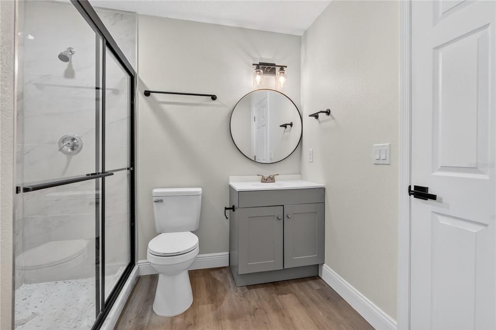 Bathroom, Glass Shower, Interior, Wood Texture Flooring