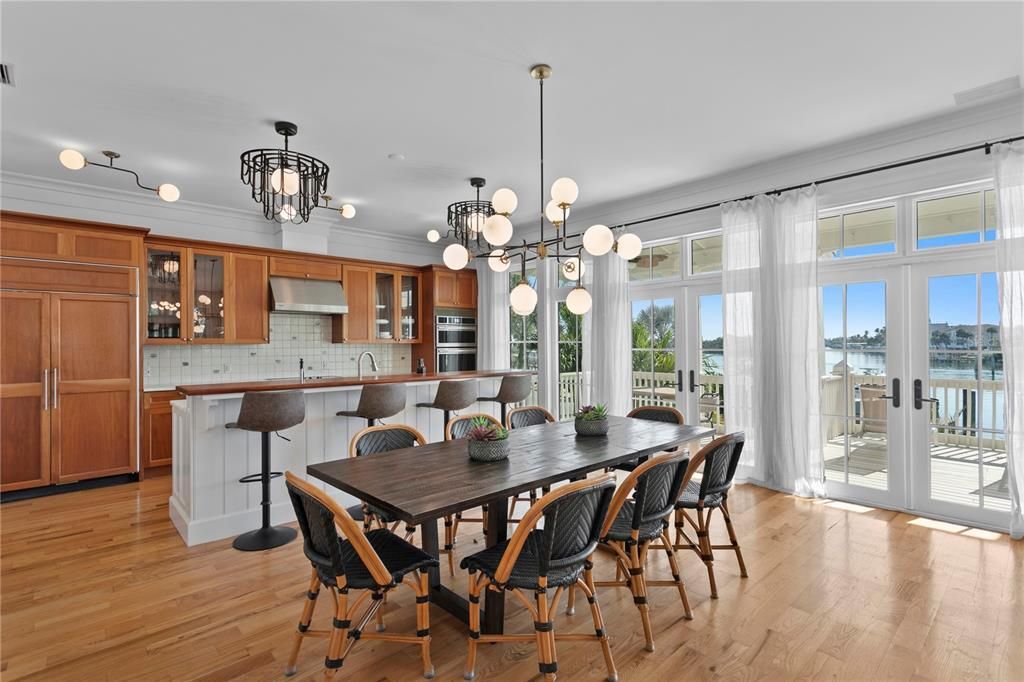 Dining room, Interior, Kitchen, Pendant Lights, Stainless Steel Appliances, Wood Texture Flooring