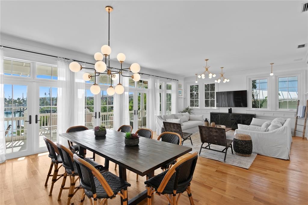 Dining room, Interior, Living room, Pendant Lights, Wood Texture Flooring