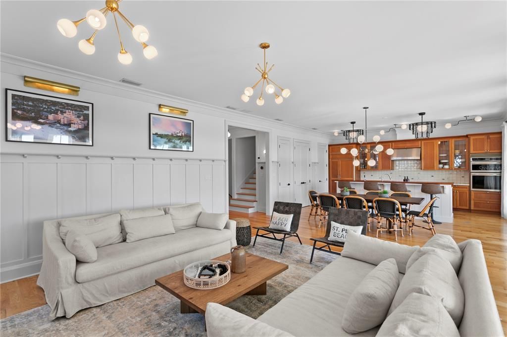 Dining room, Interior, Kitchen, Living room, Pendant Lights, Stainless Steel Appliances, Wood Texture Flooring