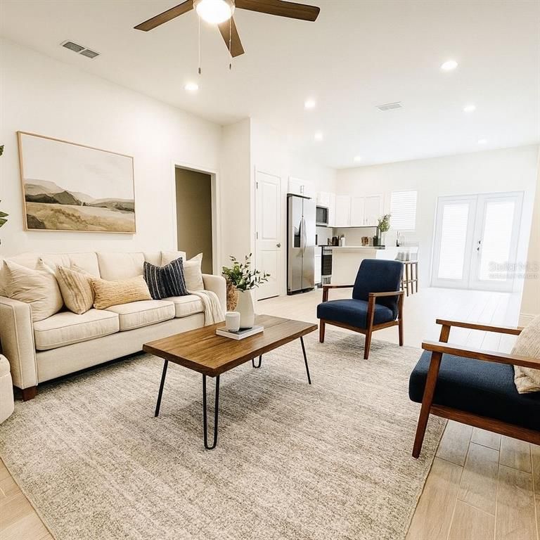 Interior, Kitchen, Living room, Recessed Lighting, Stainless Steel Appliances, Wood Texture Flooring