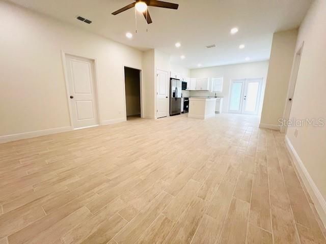 Empty room, Interior, Kitchen, Recessed Lighting, Wood Texture Flooring