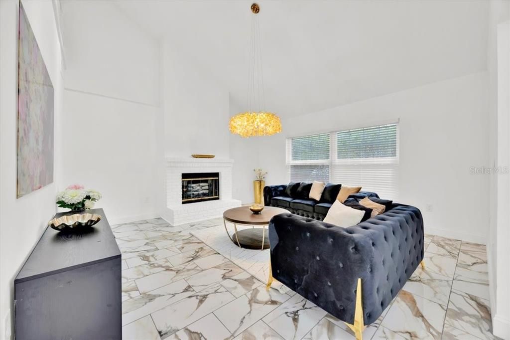 Fireplace, Interior, Living room, Marble, Pendant Lights