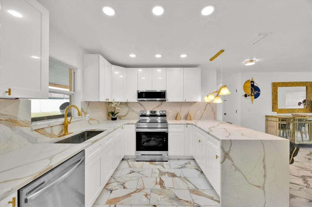 Interior, Kitchen, Marble, Recessed Lighting, Stainless Steel Appliances