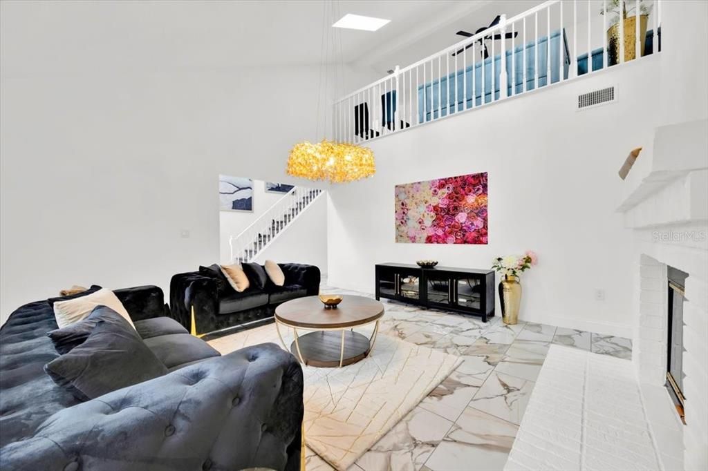 Chandelier, Fireplace, Interior, Living room, Marble, Pendant Lights