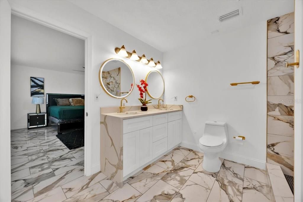 Bathroom, Dual Sink Vanities, Interior, Marble, Marble Walls